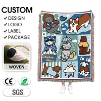 Couverture Jacquard Tissée Chat Chien Jour de Pluie Adorable en Coton/Polyester, Plaid de Canapé Personnalisé à Franges, Décoration Murale