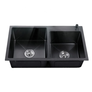 Évier de cuisine double fait main en acier inoxydable noir, moderne, carré, Aquacubic Cupc, avec robinet en laiton brossé doré de 8 pouces - Product Image 1