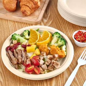 Huwelijksceremonie Biologisch Afbreekbaar Rond Suikerriet Bagasse Borden, Verkrijgbaar In 12-Inch Formaat, Ideaal Voor Dineren, Afhaalmaaltijden, Feesten - Product Image 4