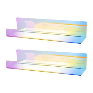Rainbow Iridescent Acrylic Floating Shelves Clear Holographic Nail Polish Rack Wall Mounted Shelf for Nail Techs