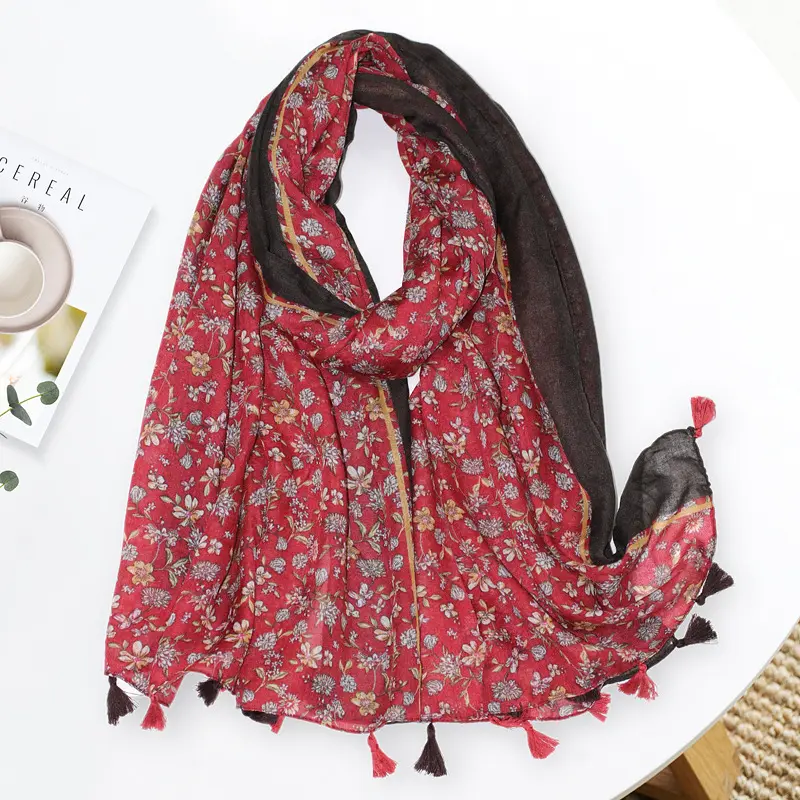 Hot selling floral print tassel long scarf twill women hijab muslim navy rhombic full printed turban head wrap