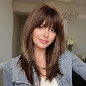<span class=keywords><strong>Perruque</strong></span> sans lacets pour femme, cheveux mi-longs haut de gamme, franges légères, brun mat, en fibre haute température, fabriquée à la machine, pour l'export. - Product Image 2