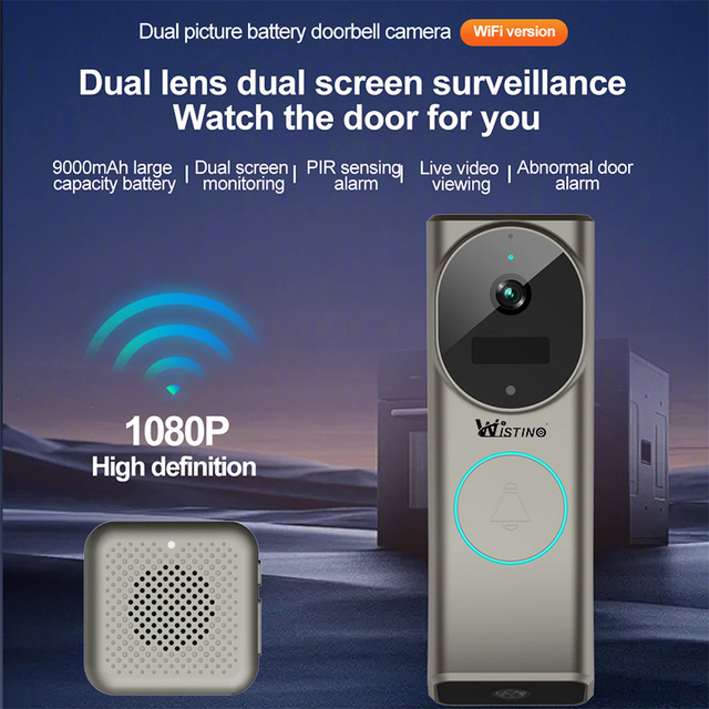Wistino 2K Dual Cctv Camera Doorbell 9000mAh Battery Capacity 90 Days Door Bell Camera Wifi for Cctv Camera
