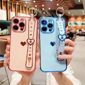 Factory Wholesale Hot Sale Luxury Wrist Strap Heart Shaped Plating Phone Case For IPhone 15 14 13 12 11 Pro Max Plus