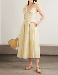 Abito in <span class=keywords><strong>Misto</strong></span> <span class=keywords><strong>Lino</strong></span> con Spalline Sottili Casual Estivo Elegante a Linea A Nuova Moda Vestito Midi da Donna - Product Image 1