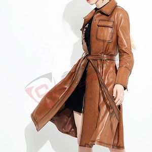 Veste en cuir véritable pour femme, manteau vintage en peau de mouton, respirant, long, printemps, automne, trench-coat en coton avec ceinture - Product Image 3