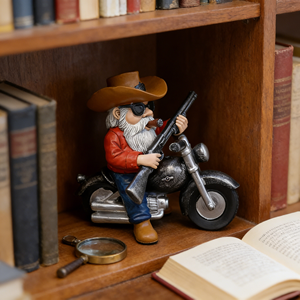ヴィンテージのカウボーイがバイクに乗る樹脂製彫刻、白いひげと葉巻を持つクールなバイカー、赤いシャツと青いジーンズを着たウェスタンスタイルのフィギュア - Product Image 2