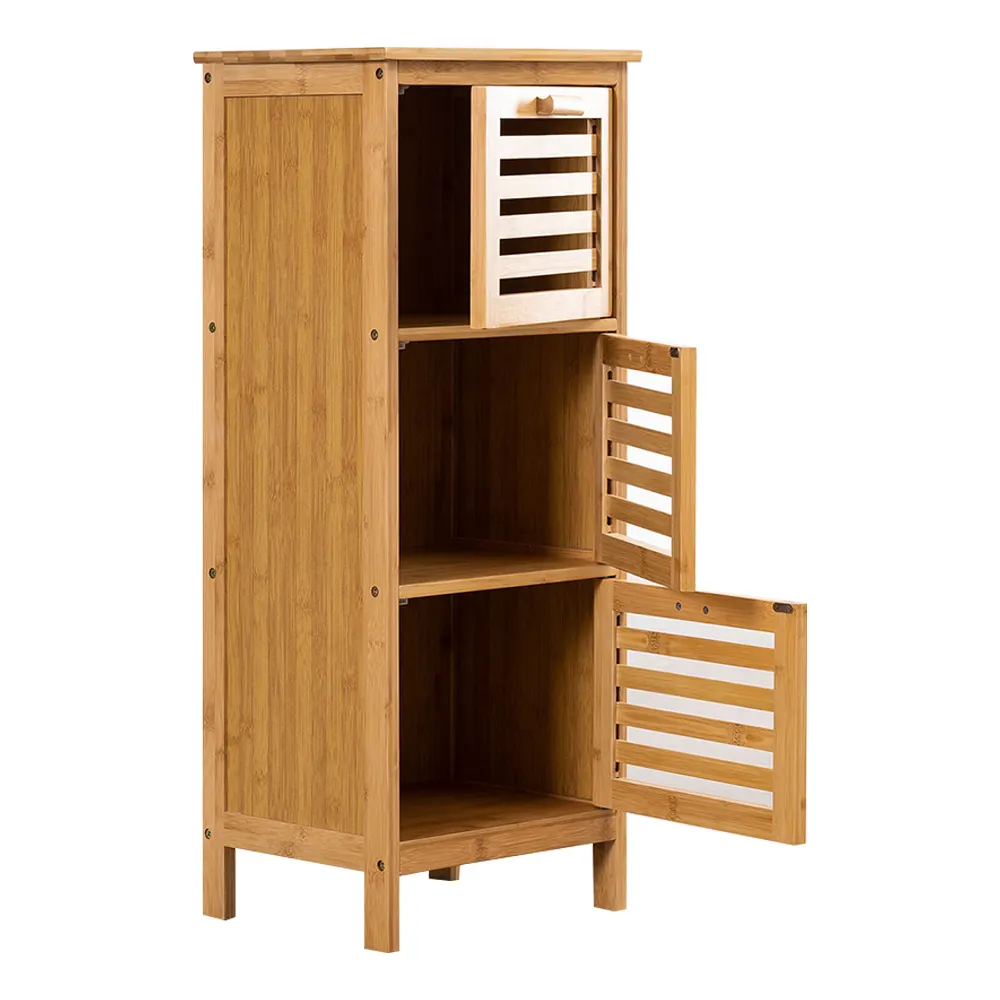 Free Standing 3 Layers Bamboo Wooden Storage Organizer Rack Shelf Holder with Shutter Door for Living Rom Bedroom Office