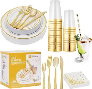 luxury Modern Gold Rim Disposable Plastic Dishes Plates Dinnerware Set For Weddings Birthday Party Picnic