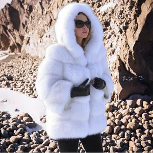 Abrigo con Capucha de Piel Sintética de Zorro para Mujer, Talla Grande, Teñido Liso, Antiarrugas, Grueso, Cálido, Estilo Vintage, para Invierno, Marca RHG - Product Image 3