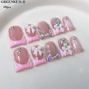 10 Uds forma de pico de pato prensa corta en puntas Icy Blush <span class=keywords><strong>manicura</strong></span> <span class=keywords><strong>francesa</strong></span> <span class=keywords><strong>con</strong></span> acentos de lazo dulce uñas postizas rosas hechas a mano - Product Image 2
