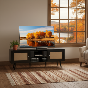 Meuble TV Bohème DB Wholesale 55 Pouces avec Port USB Intégré et Porte en Rotin pour Salon - Product Image 2