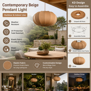 Lampada a Sospensione in Tessuto Elasticizzato KD, Lampada Pendente in Tessuto Beige per Giardino, Patio e Spazi Esterni Coperti - Product Image 2