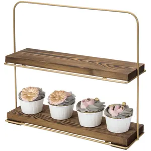 Custom 2 Tier Cupcake Stand Burnt Wood Dessert and Appetizer Baked Goods Display Rack with Vintage Brass Metal Wire Frame