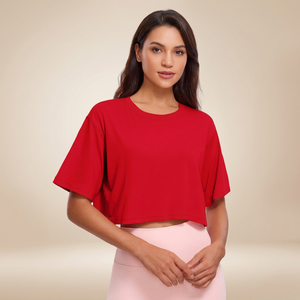 เสื้อผู้หญิงแบบสวมใส่สบาย ระบายอากาศได้ดี ปี 2025 ขายดี เสื้อท่อนบนทรงปกติสำหรับฤดูใบไม้ผลิ ขายส่ง เสื้อถักนิตติ้ง ผ้าฝ้าย 100% แขนสั้น ลายเรียบ สไตล์ฮิปฮอป - Product Image 3