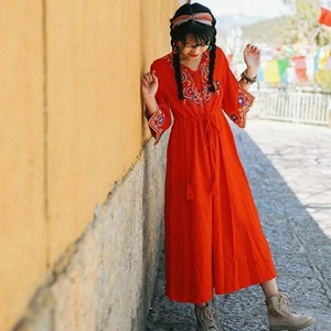 Ethnic Style Cotton Linen Long Dress White Tie Neck Loose Waist Embroidery Geometric Patterns Casual Dress 2025 Summer - Product Image 5