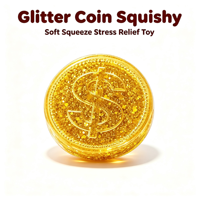 Jouet anti-stress sensoriel créatif en TPR, en forme de pièce de monnaie scintillante, mignon et compressible, vente en gros, cadeaux d'entreprise en vrac