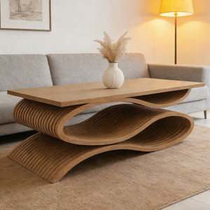 طاولة قهوة خشبية بقاعدة متموجة قابلة للطي، تصميم فني عالي الجودة، أثاث لغرفة المعيشة للمنزل والمكتب - Product Image 4