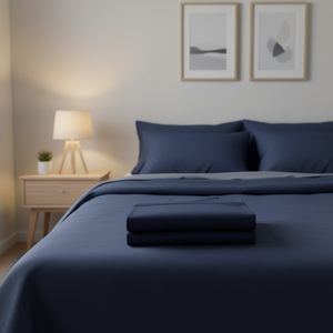 Parure de draps Vianney 200TC 100% Coton Taille Matrimoniale Bleu Marine Uni Pliée pour la maison - Product Image 2