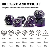 Vente en gros de dés en résine à bords doux, polyédriques, à motif tourbillon fumé violet, personnalisés, lot de 7 dés DND, dés de jeu RPG transparents en vrac