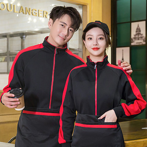 Sudadera con Cuello Alto y Forro Polar de Algodón y Seda, Uniforme de Trabajo Rojo y Negro para Restaurante, Impresión de Logotipo Personalizado - Product Image 1