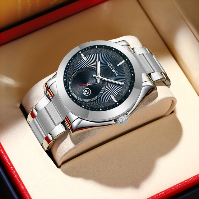 BESTWIN 206 Concise Casual Men's Quartz Watch Sunray Finish Design Dial Steel Strap Life Waterproof Fashion Male Wristwatch