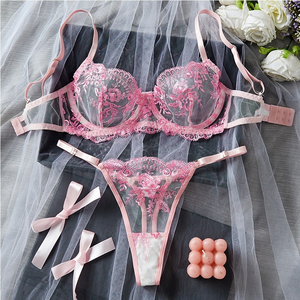 Wholesale Women's Floral Embroidery <b>Sheer</b> Mesh <b>Bra</b> and Thong Set Underwire Lace Lingerie Set Comfortable Sexy <b>Bra</b> Set OEM ODM - Product Image 1