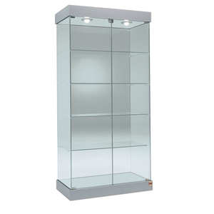 Vitrine moderne avec verre trempé 93x46x188 cm, portes battantes verrouillables gris clair, éclairage halogène supérieur, roulettes dissimulées - Product Image 1