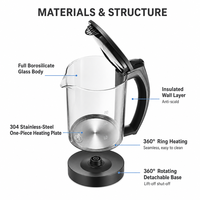 Bouilloire électrique sans fil en verre 1,7 L 2200 W avec protection contre l'ébullition à sec, base détachable à 360°, arrêt automatique, pour hôtel et usage extérieur