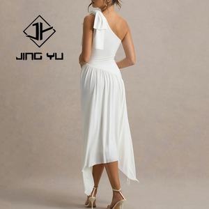 High Quality Elegant <b>White</b> Dress Bow One Shoulder Asymmetric Slit <b>Skirt</b> Custom Made Polyester and Spandex <b>Midi</b> Dress - Product Image 4