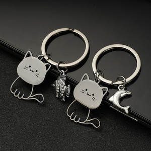 シンプルなステンレス鋼の猫漫画クリエイティブキーホルダーかわいい猫と魚のカップルペンダント工場直販 - Product Image 2