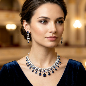 Certified <b>Silver</b> Plated Women's Bridal Set <b>Choker</b> Necklace Drop Earrings Zircon Tikka Style Third Party Appraised Jewelry - Product Image 1