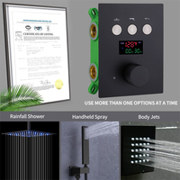 Système de douche thermostatique en laiton noir mat de 12 pouces avec affichage de la température, robinetterie et jets doux, et 4 jets latéraux