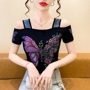 Nueva Blusa Elegante de Doble Capa <span class=keywords><strong>con</strong></span> Pedrería y Malla de Seda Helada, Manga Corta, Hombros Descubiertos y <span class=keywords><strong>Espalda</strong></span> <span class=keywords><strong>con</strong></span> Diseño Atractivo - Product Image 3