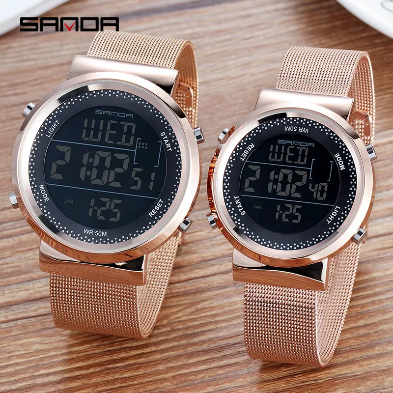 Sanda 383 384 Fashion Women Men Led Couple Watches Stainless Steel Mesh Unisex Sports Electronic Digital Watch Relojes