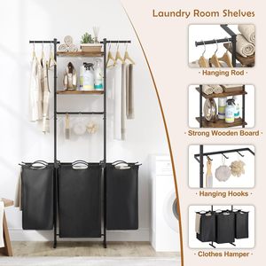 Ventas al por mayor Baño Dormitorio Lavandería Estantes 3 secciones Lavandería Organización Cesta de lavandería con tendedero de ropa - Product Image 6