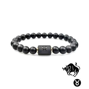 Bracelet en pierres précieuses d'agate noire naturelle, pièces, perles élastique, cordon, zodiaque <span class=keywords><strong>horoscope</strong></span>, signe, breloque, bijoux pour hommes - Product Image 4