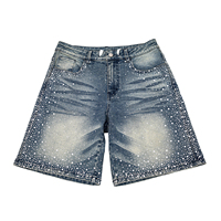 TOPSHOW Streetwear Short en jean baggy orné de strass, effet usé personnalisé, délavé, avec détails en diamant, Jorts