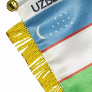 Bandera de satén personalizada de Uzbekistán, bandera pequeña para coche impresa digitalmente, con borlas amarillas, hecha de poliéster duradero para agencias de viajes - Product Image 6