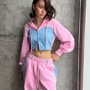 Contraste Couleur Filles Survêtement Zip-up Jogging Sportswear Sexy Deux Pièces Long Ensembles <span class=keywords><strong>Fille</strong></span> Crop Top - Product Image 1