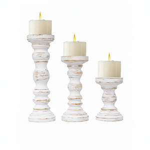 Premium Hand Carved Mango Wood <b>Pillar</b> <b>Candle</b> <b>Holder</b> Set of 3 Rustic White Decorative Wooden Tabletop <b>Candle</b> Stands Cheap Price - Product Image 1
