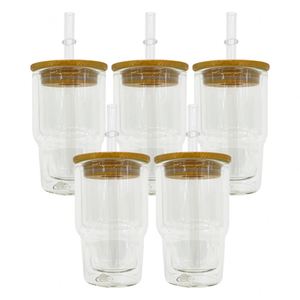 Vasos de vidrio miniatura de 3 oz para sublimación, preperforados, de doble pared, tipo shot, con tapas y pajitas - Product Image 1