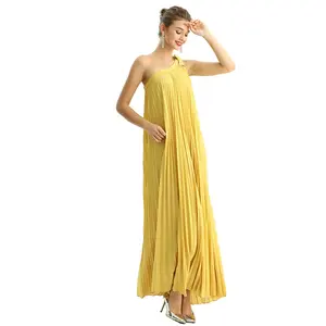 ND204 undefiniertes Ballkleid Maxi Abendkleid leuchtend gelb Riemen Falten kleid elegant ein Schulter Falten kleid Maxi lang TKA