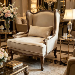 Poltrona Classica in Legno Massello Intagliato con Rivestimento in Tessuto Crema, Design Moderno, Sedia Singola Regolabile per <span class=keywords><strong>Soggiorno</strong></span> - Product Image 4