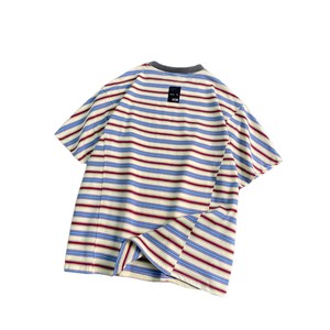 เสื้อยืดแขนสั้นคอกลมลายทางสำหรับผู้ชายลายสายรุ้งทรงหลวมสวมใส่สบายๆสำหรับวัยรุ่น - Product Image 5
