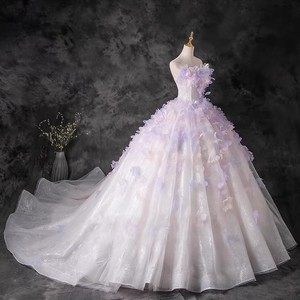 Pink Strapless Ball Gown Wedding Dress Empire Waist Floral Print Long Train Princess Style - Product Image 4