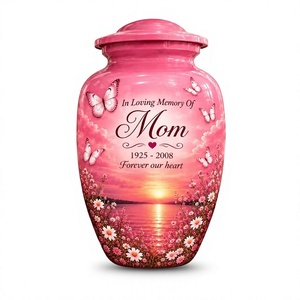 <b>Pink</b> Memorial Urn for Mom with Butterflies Flowers Sunset Digital Print Sympathy <b>Decorative</b> Jar - Product Image 1