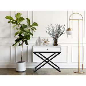 Koraldo 23W White Wooden <b>Side</b> <b>Table</b> With Glass Top <b>Drawer</b> Metal Cross Base Nightstand - Product Image 1