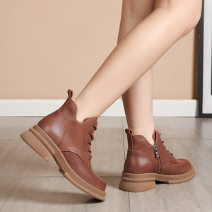 Bottines en cuir véritable de vachette grande taille, confortables et tendance, à lacets et semelle épaisse, pour printemps/automne - Product Image 2