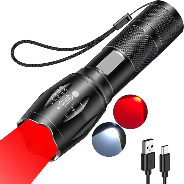 USB Rechargeable White Red LED Light Torch Zoomable Compact Red Light Flashlight Waterproof Torch for Hunting Astronomy Camping